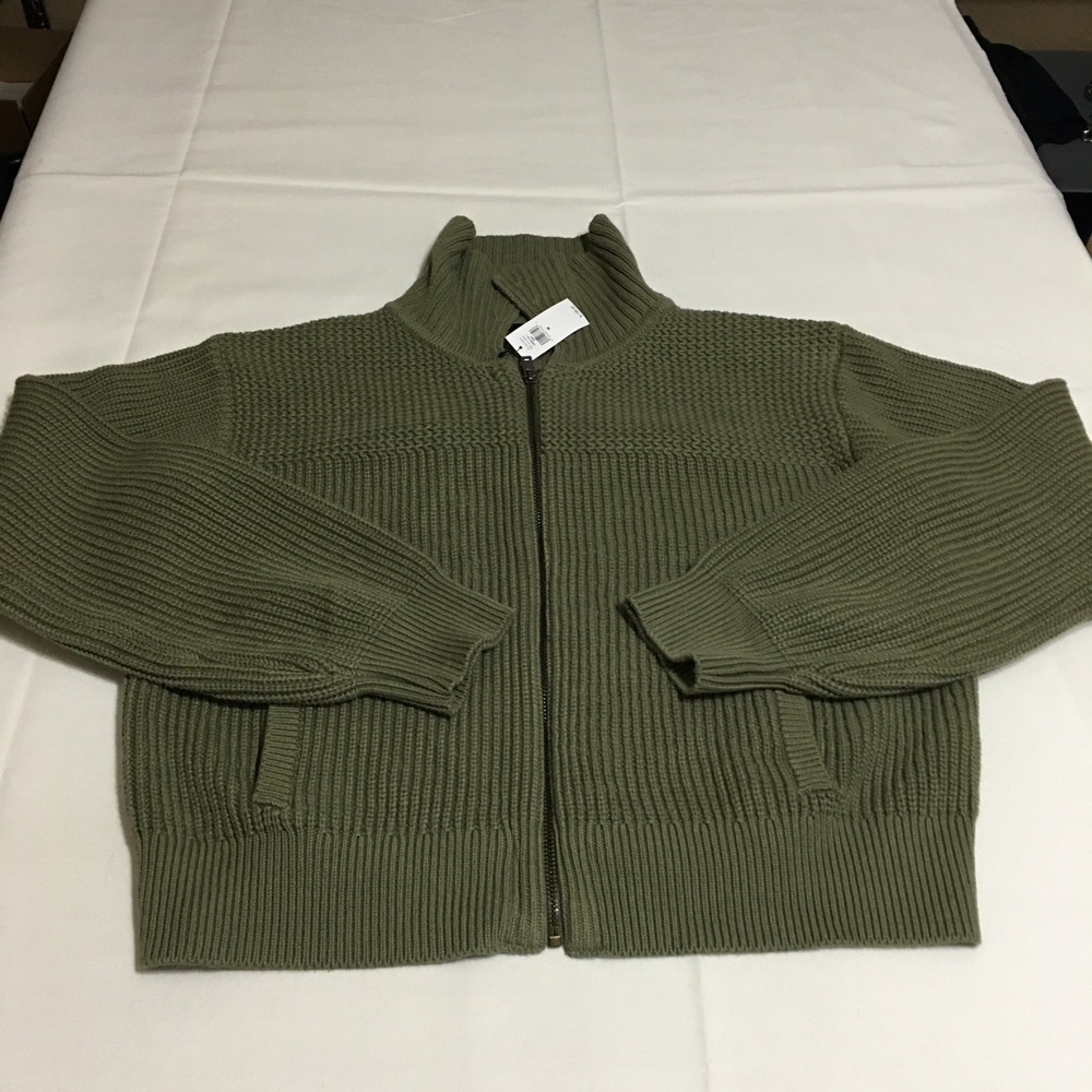 Banana Republic Women's Full Zip Mock Neck Sweater M Olive Green Ribbed Knit NWT